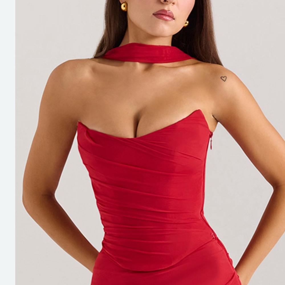 HALLIE Holly Red Strapless Corset Top With Detachable Neck Scarf